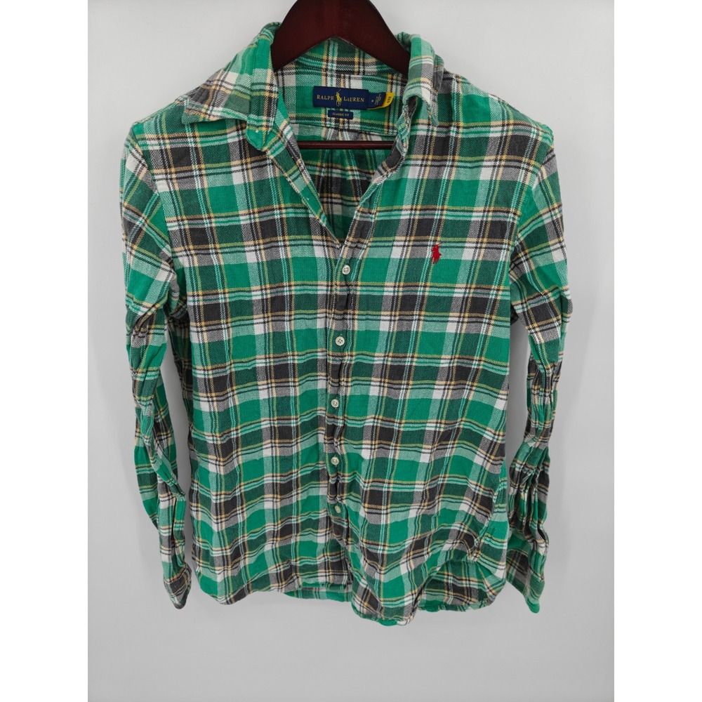 Polo Ralph Lauren Mens Classic Fit Green Plaid Flannel Button Down Shirt Size M